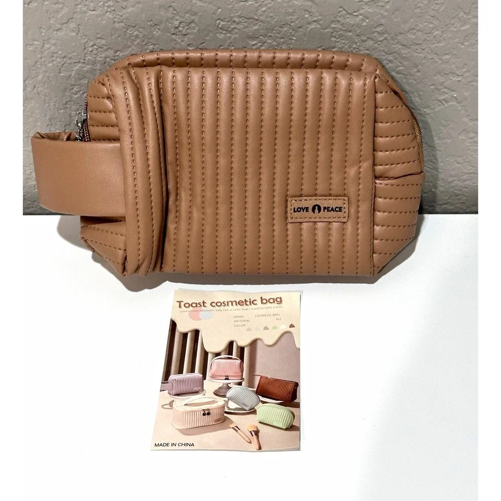 Love Peace Camel Tan Zipper Makeup Bag Cosmetic Pouch Handle 8x5 in